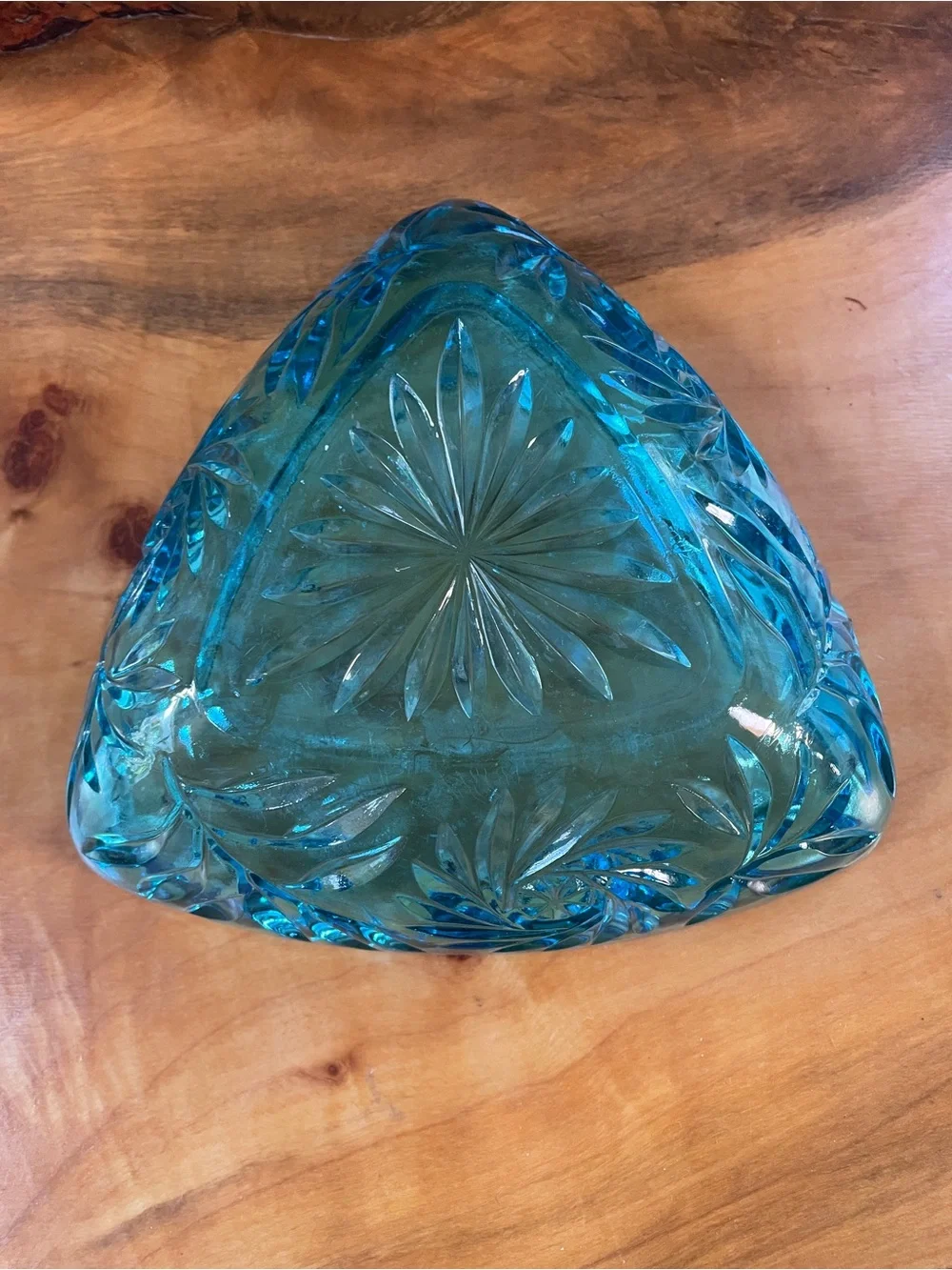 MCM Vintage HAZEL ATLAS Capri Blue Glass Pinwheel Triangle Lidded Candy Dish